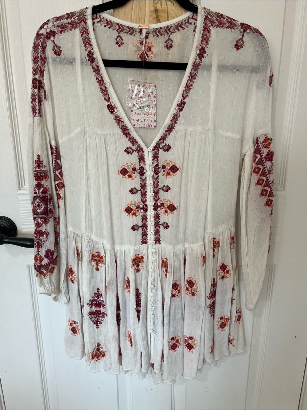 Free People White Tunic with Red & Rust Embroidery